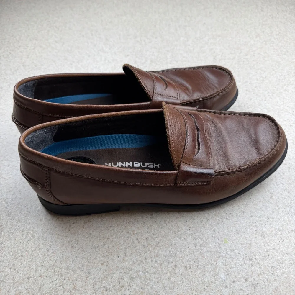 Nunn Bush Penny Loafers Mens 8.5M Brown Leather Comfort Gel Memory Foam